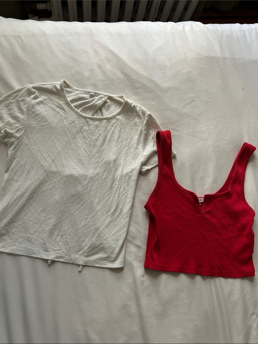 Bundle Garage Red Sexy Ribbed V-Neck Cropped Tank Top and open back white tee